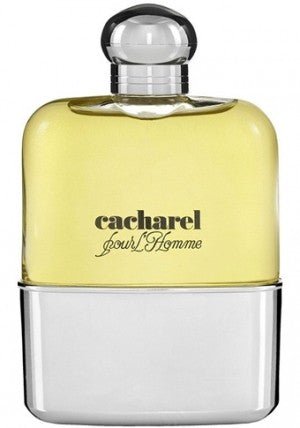 A 100ml clear glass bottle of Cacharel Pour Homme Eau de Toilette by Cacharel, showcasing yellow liquid with a silver base, rounded cap, and black text on the front—a classic men’s fragrance.