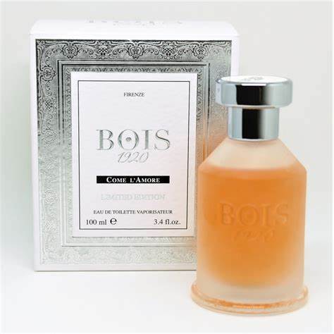 A bottle of Bois 1920 Come L'Amore Eau De Toilette in front of a box purchased from Rio Perfumes.