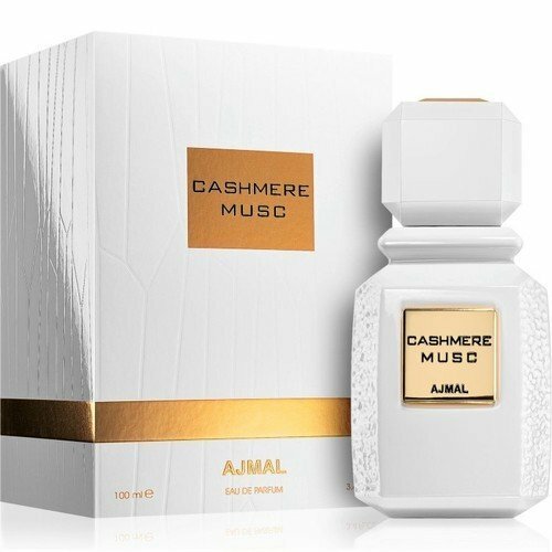 A bottle of Ajmal Cashmere Musc with a white box, available at Rio Perfumes.