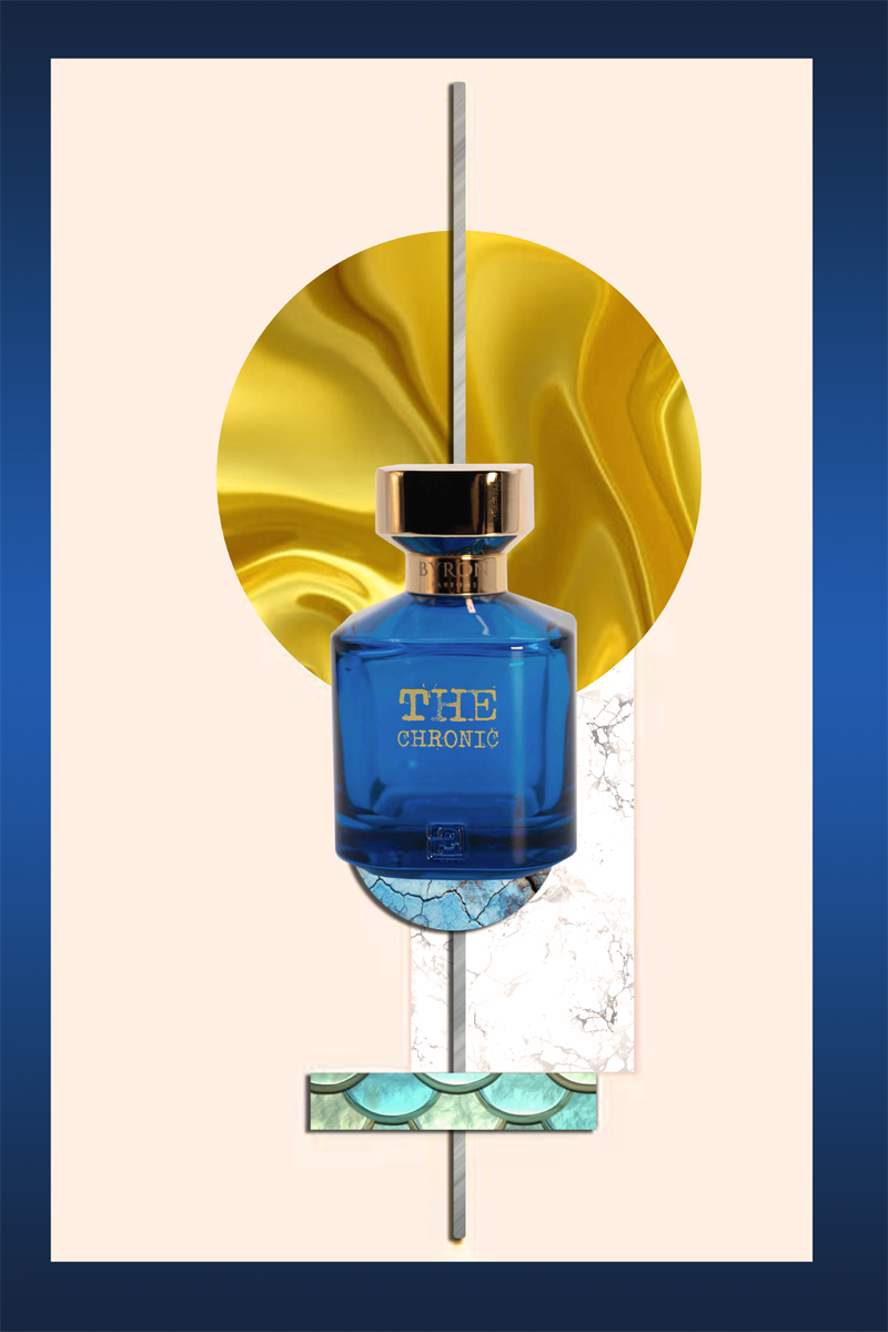 Load image into Gallery viewer, An image of a blue Byron Parfums The Chronic Narcotic Collection 75ml Extrait De Parfum bottle on a gold background.
