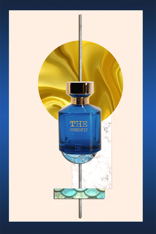 An image of a blue Byron Parfums The Chronic Narcotic Collection 75ml Extrait De Parfum bottle on a gold background.