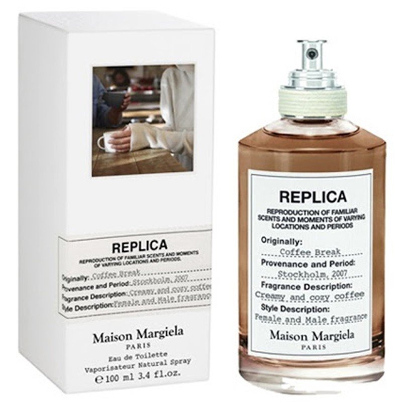 Load image into Gallery viewer, A bottle of Mason Margiela REPLICA Coffee Break 100ml Eau De Toilette fragrance in front of a box.
