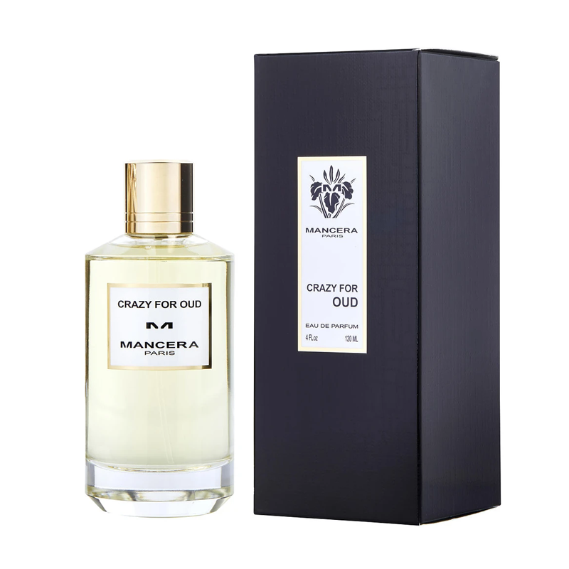 Load image into Gallery viewer, A box of Mancera Crazy for Oud 120ml Eau De Parfum next to a bottle of cologne.
