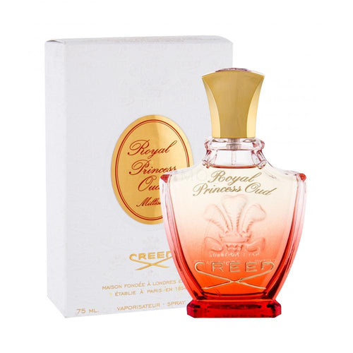 A bottle of Creed Royal Princess Oud 75ml Eau De Parfum from Rio Perfumes in front of a box.