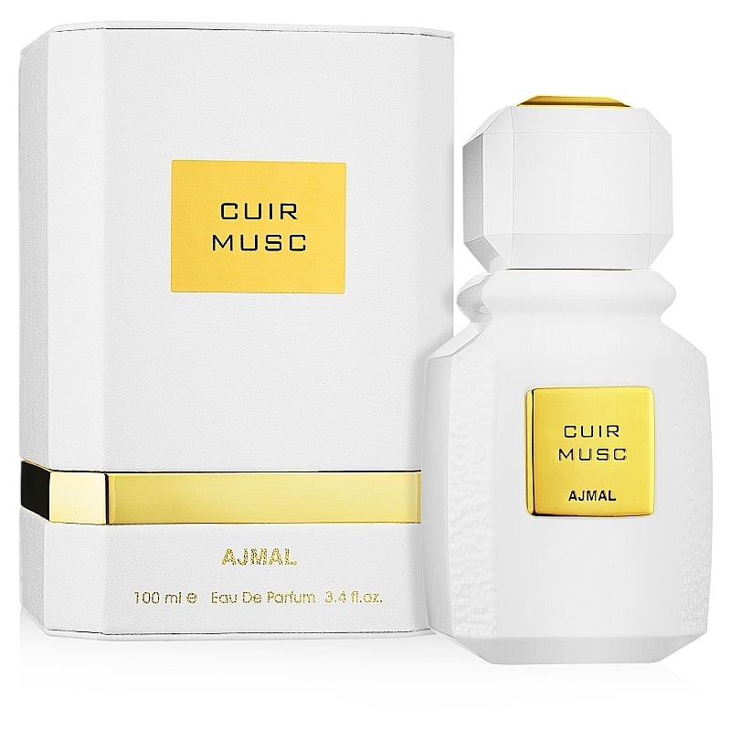 Load image into Gallery viewer, A bottle of Ajmal Cuir Musc 100ml Eau De Parfum in a white box, available at Rio Perfumes.
