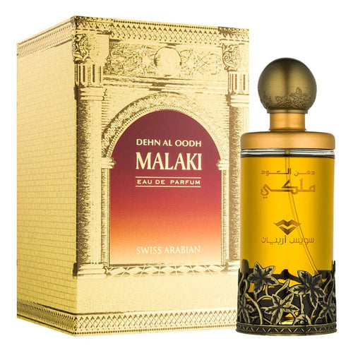 A bottle of Swiss Arabian Dehn El Oud Malaki 100ml Eau De Parfum with a box.