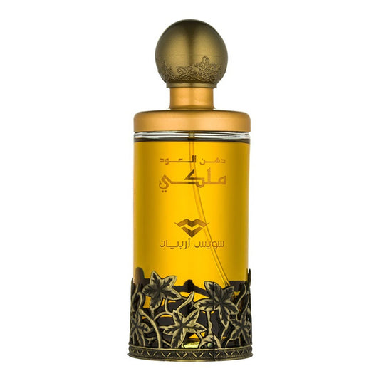 A bottle of perfume with an ornate design on it, featuring the fragrance of Swiss Arabian Dehn El Oud Malaki 100ml Eau De Parfum by Swiss Arabian.