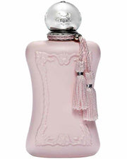 A pink Parfums De Marly Delina 75ml EDP perfume bottle with a tassel on top, infused with the exquisite fragrance by Parfums De Marly.
