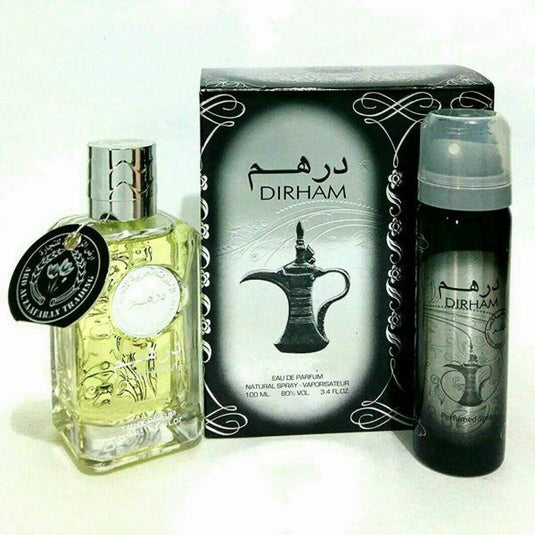 A bottle of Dubai Perfumes' Dirham Silver 100ml Eau de Parfum with a box next to it.
