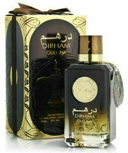 A bottle of Ard Al Zaafaran Dirham Oud 100ml Eau de Parfum in front of a box.