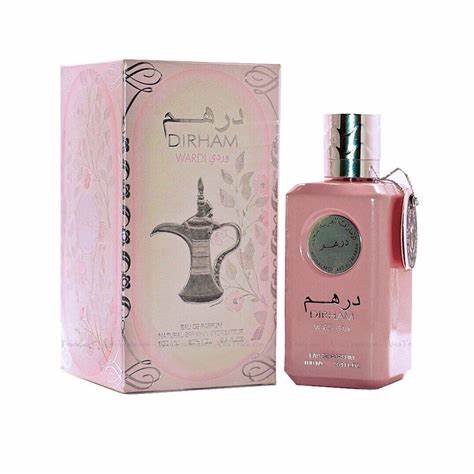 A Ard Al Zaafaran Dirham Wardi 100ml Eau De Parfum fragrance bottle for women displayed with a box.