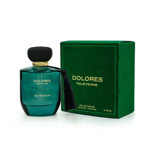 A bottle of Fragrance World Dolores Pour Femme 100ml Eau de Parfum in a green box.