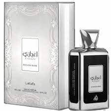 Load image into Gallery viewer, An Lattafa Ejaazi Intense Silver bottle with a box in front of it.
