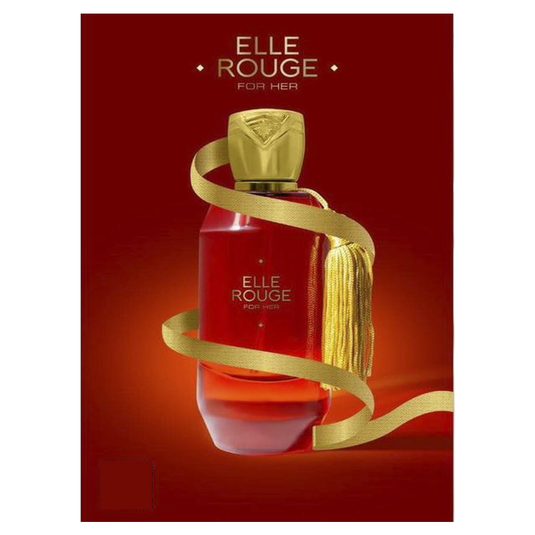 A bottle of Elle Rouge for Her 100ml Eau de Parfum by Dubai Perfumes with a gold ribbon suitable for both men and women.