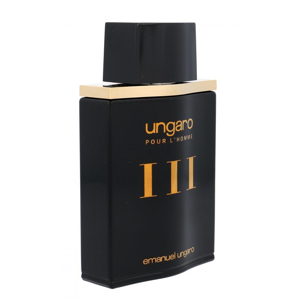 Ungaro pour L'Homme III 100ml EDT by Ungaro is a sophisticated men's fragrance in a black rectangular bottle with gold accents and a black cap.