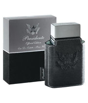 A 100ml bottle of Emper Presidente Pour Homme Eau de Parfum is presented in a sleek black leather case, displayed alongside its matching box.