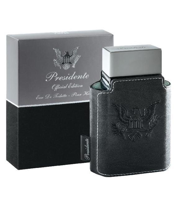 A 100ml bottle of Emper Presidente Pour Homme Eau de Parfum is presented in a sleek black leather case, displayed alongside its matching box.