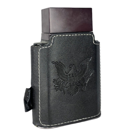 A black leather case with an eagle on it, designed to hold and protect the Emper Presidente Pour Homme 100ml Eau De Parfum fragrance by Emper, an exquisite Eau De Parfum featuring captivating notes of Amber Foug.