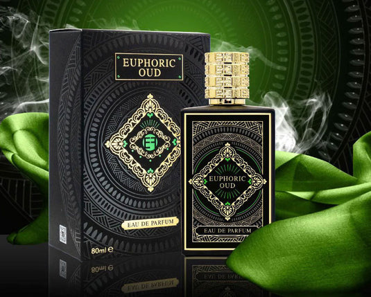 A bottle of Essencia Euphoric Oud 80ml Eau De Parfum by Essencia De Flores with a green ribbon.