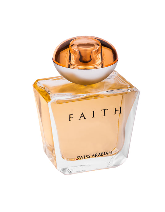 A bottle of Swiss Arabian Faith 100ml Eau De Parfum on a white background.