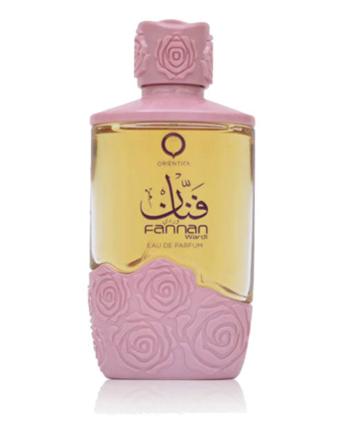 A bottle of Orientica Fannan Wardi 100ml Eau de Parfum with roses on it.