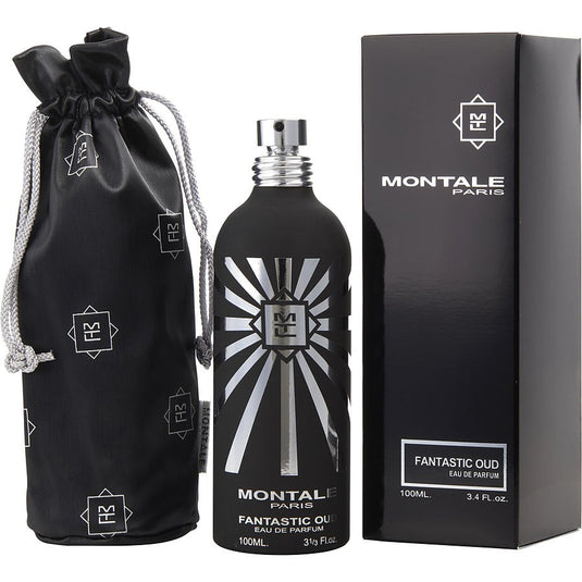 A bottle of Montale Paris Fantastic Aoud cologne accompanied by a black bag, showcasing the magnificent fragrance of Montale Paris Fantastic Aoud.