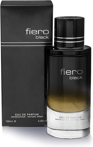 A woody fragrance for men, the Fragrance World Fiero Black 100ml Eau de Parfum bottle is showcased on a sleek white background.