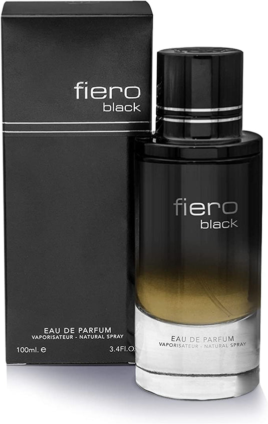 A woody fragrance for men, the Fragrance World Fiero Black 100ml Eau de Parfum bottle is showcased on a sleek white background.
