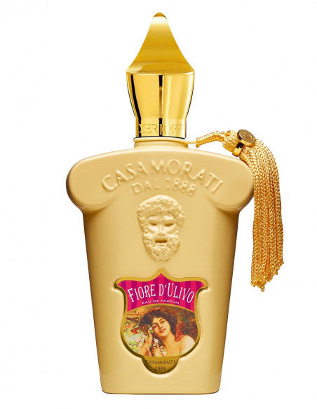 A bottle of Xerjoff Casamorati Fiore d'Ulivo 100ml EDP perfume adorned with a gold tassel, designed for both men and women.