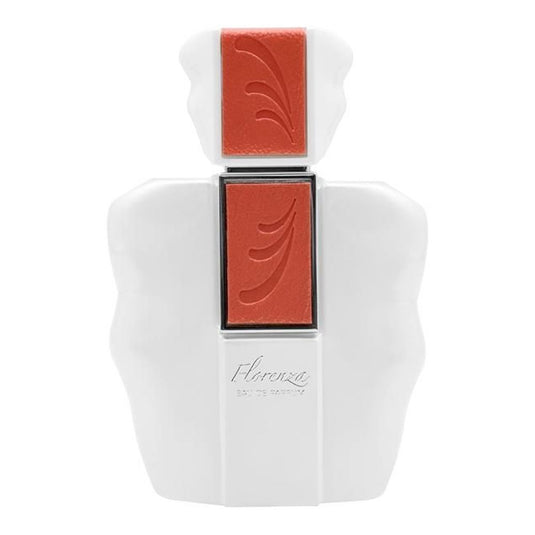 A white bottle with a red and white design on it, containing Mural de Ruitz Florenza 75ml Eau De Parfum for Men & Women.