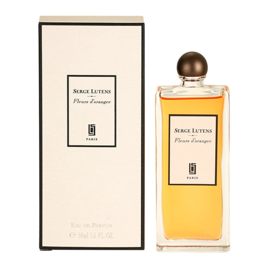 A Rio Perfumes 50ml Eau De Parfum bottle of Serge Lutens Fleurs d' Oranger with a box next to it.