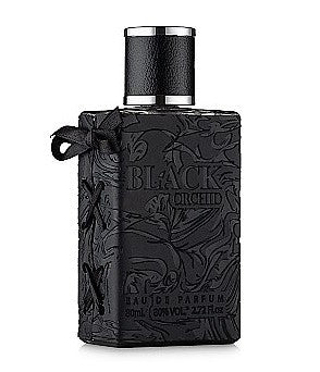 A bottle of Fragrance World Black Orchid 80ml Eau de Parfum, a black cologne, on a white background.