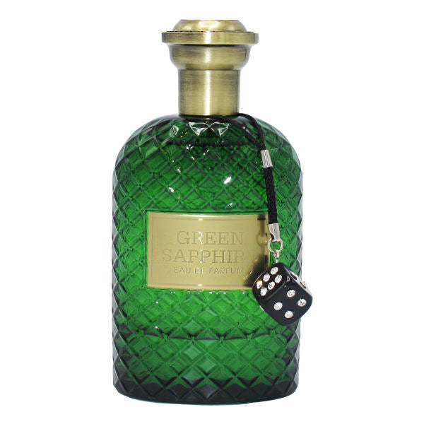 Load image into Gallery viewer, A Fragrance World Green Sapphire 100ml Eau De Parfum bottle with a gold charm and a dice.
