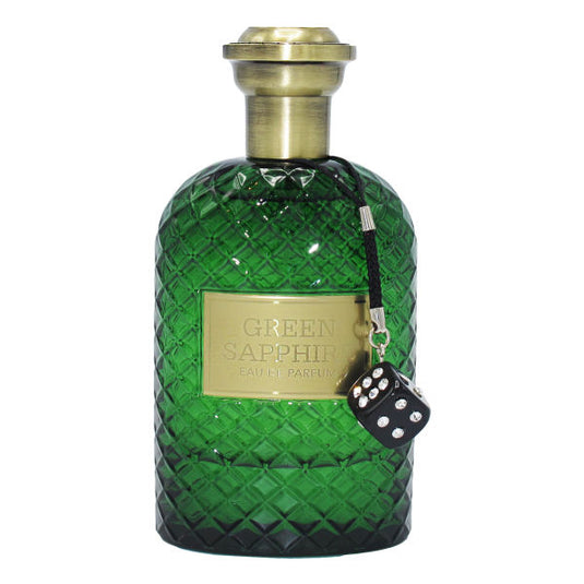 A Fragrance World Green Sapphire 100ml Eau De Parfum bottle with a gold charm and a dice.
