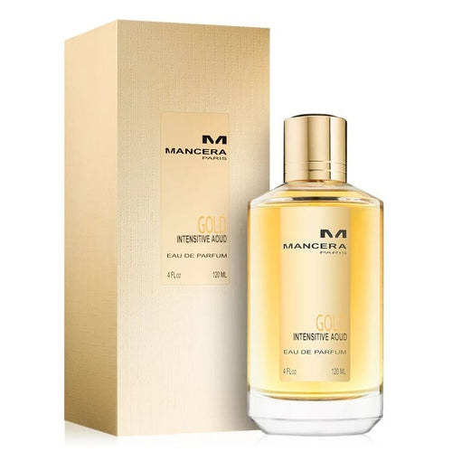 A bottle of Mancera Gold Intensitive Aoud 120ml Eau De Parfum, sold at Rio Perfumes, displayed in front of a box.