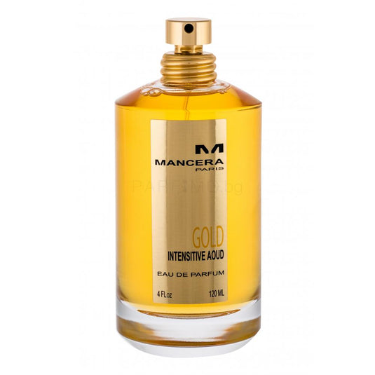 A bottle of Mancera Gold Intensitive Aoud 120ml Eau De Parfum from Rio Perfumes on a white background.