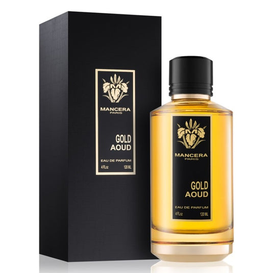 A bottle of Mancera Gold Aoud 120ml Eau De Parfum by Mancera, a fragrance for women, with a box next to it.