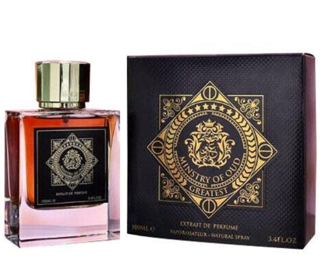 Load image into Gallery viewer, A black and gold cologne with an oud scent, the Paris Corner Ministry of Oud Greatest 100ml Extrait de Perfume by Dubai Perfumes.
