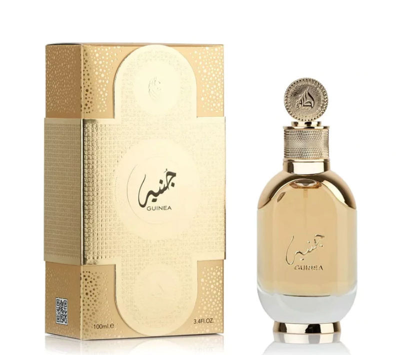 Load image into Gallery viewer, A luscious fragrance with a bottle of Lattafa Guinea 100ml Eau De Parfum by Lattafa and an elegant golden box.
