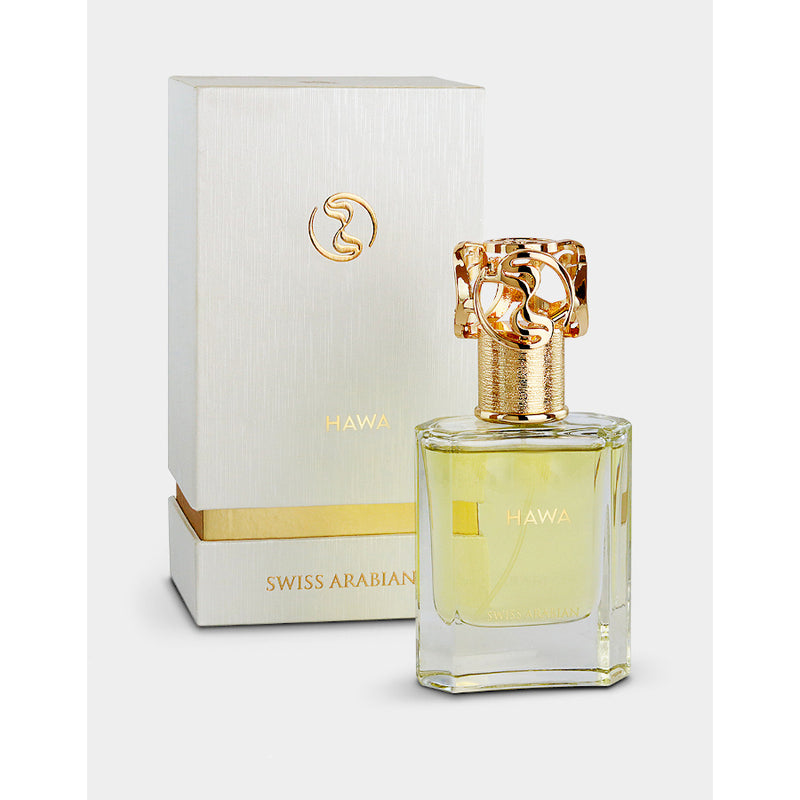 Load image into Gallery viewer, A bottle of Swiss Arabian Hawa 50ml Eau De Parfum with a fragrance, alongside a gold box.
