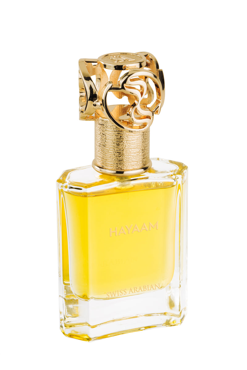 Load image into Gallery viewer, A Swiss Arabian Hayaam 50ml EDP fragrance with a gold lid.
