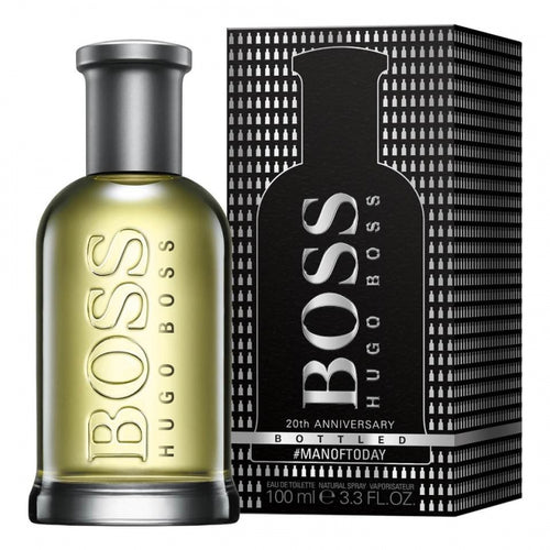 A bottle of Boss Hugo Boss Bottled 20TH Anniversary Edition 100ml Eau De Toilette cologne in front of a box.