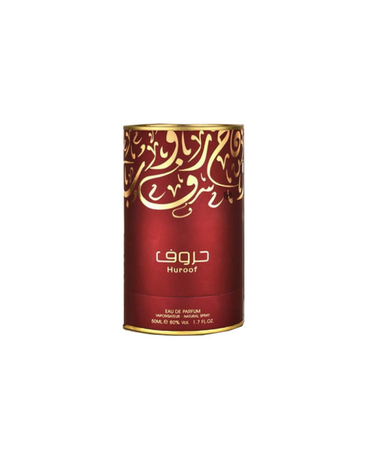 A red and gold tin with Arabic writing on it, containing Ard Al Zaafaran Huroof 50ml Eau De Parfum by Ard Al Zaafaran.