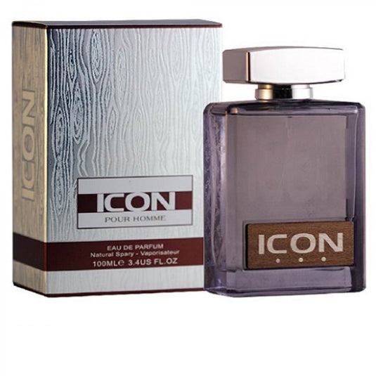 A bottle of Fragrance World Icon Pour Homme 100ml Eau De Parfum on a white background.