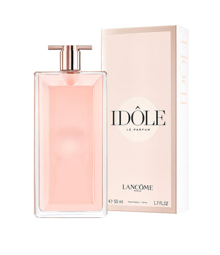Bottle of Lancôme Lancome Idole 100ml, and its packaging box on a white background. The perfume bottle is slim and rectangular with a rose hue.