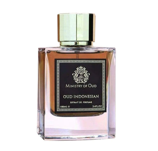 A bottle of Paris Corner Ministry of Oud Indonesian Oud 100ml Extrait de Perfume from Dubai Perfumes, on a white background.