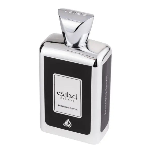 Load image into Gallery viewer, A Lattafa Ejaazi Intense Silver 100ml Eau de Parfum, featuring the brand name Lattafa, on a white background.
