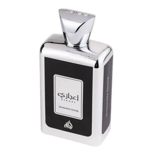A Lattafa Ejaazi Intense Silver 100ml Eau de Parfum, featuring the brand name Lattafa, on a white background.