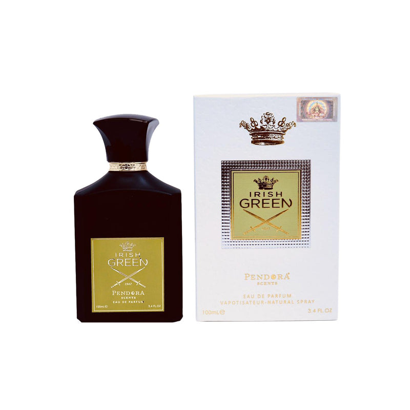 Load image into Gallery viewer, A bottle of Pendora Irish Green 100ml Eau De Parfum cologne with a box next to it.
