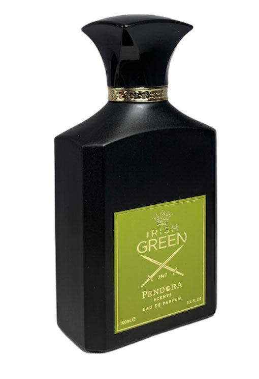 A bottle of Pendora Irish Green 100ml Eau de Parfum by Pendora on a white background, exuding fragrance.